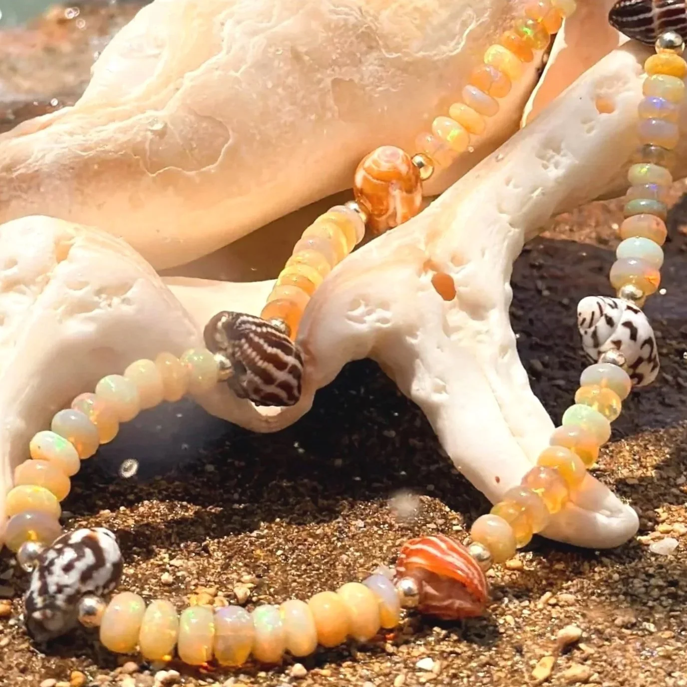 Ethiopian Fire Opal + Bali Shells Necklace
