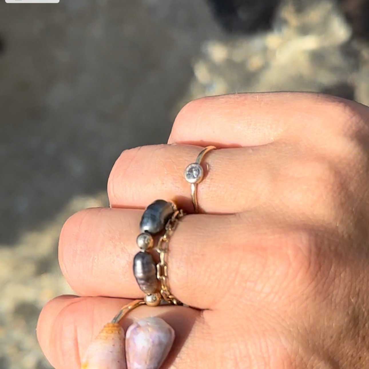 Keshi Tahitian Pearl Ring – Stretchy design featuring rare Keshi pearls with 14K Gold Fill or Sterling Silver beads, perfect for stacking.