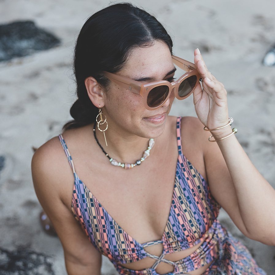Spiritual Beach Babe Necklace - Unique jewelry piece with oceanic elements, including Tahitian Pearl, Blue Tourmaline, and Peruvian Opal, symbolizing connection to the kai and aina.