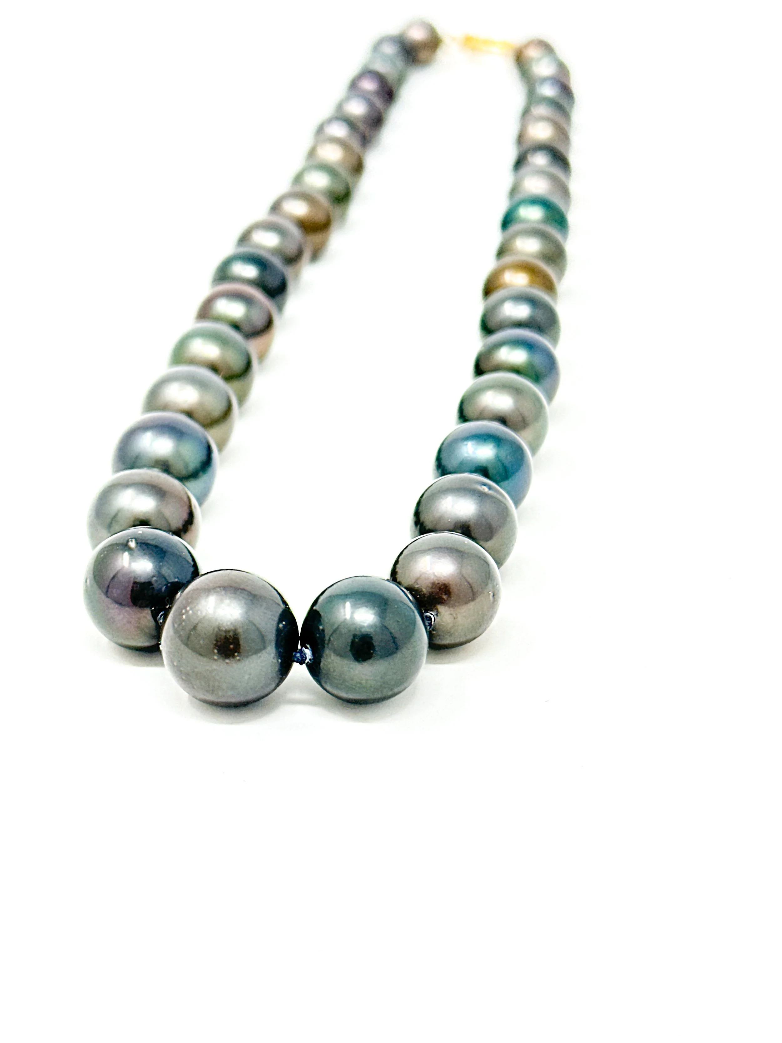 Dark near-round Tahitian pearl strand necklace 9–13mm with 14K gold clasp, hand-knotted silk
