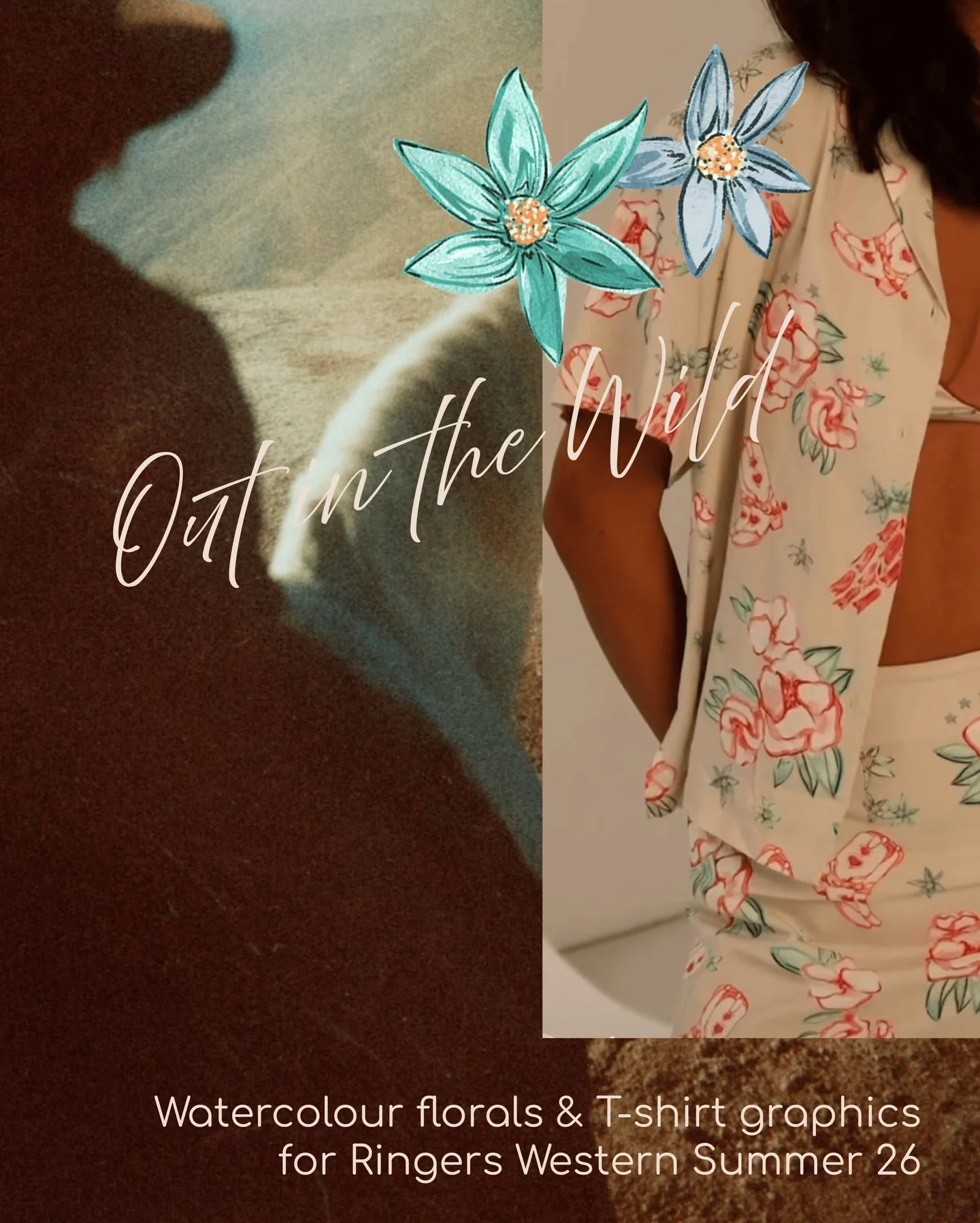 Recent textile print and T-shirt graphics work for Ringers Western 🤠 

Watercolour florals and Tshirt graphics artwork for Summer ☀️