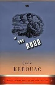 Book cover of 'On the Road' by Jack Kerouac, featuring a drawing of a young man sitting outdoors with a landscape background.