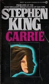 Book cover of Stephen King's novel 'Carrie', featuring a close-up illustration of a young girl with brown hair and serious expression, with the title in pink and the author's name in large white letters.