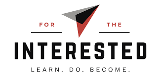 Logo with a paper airplane and text 'For the Interested' and slogan 'Learn. Do. Become.'