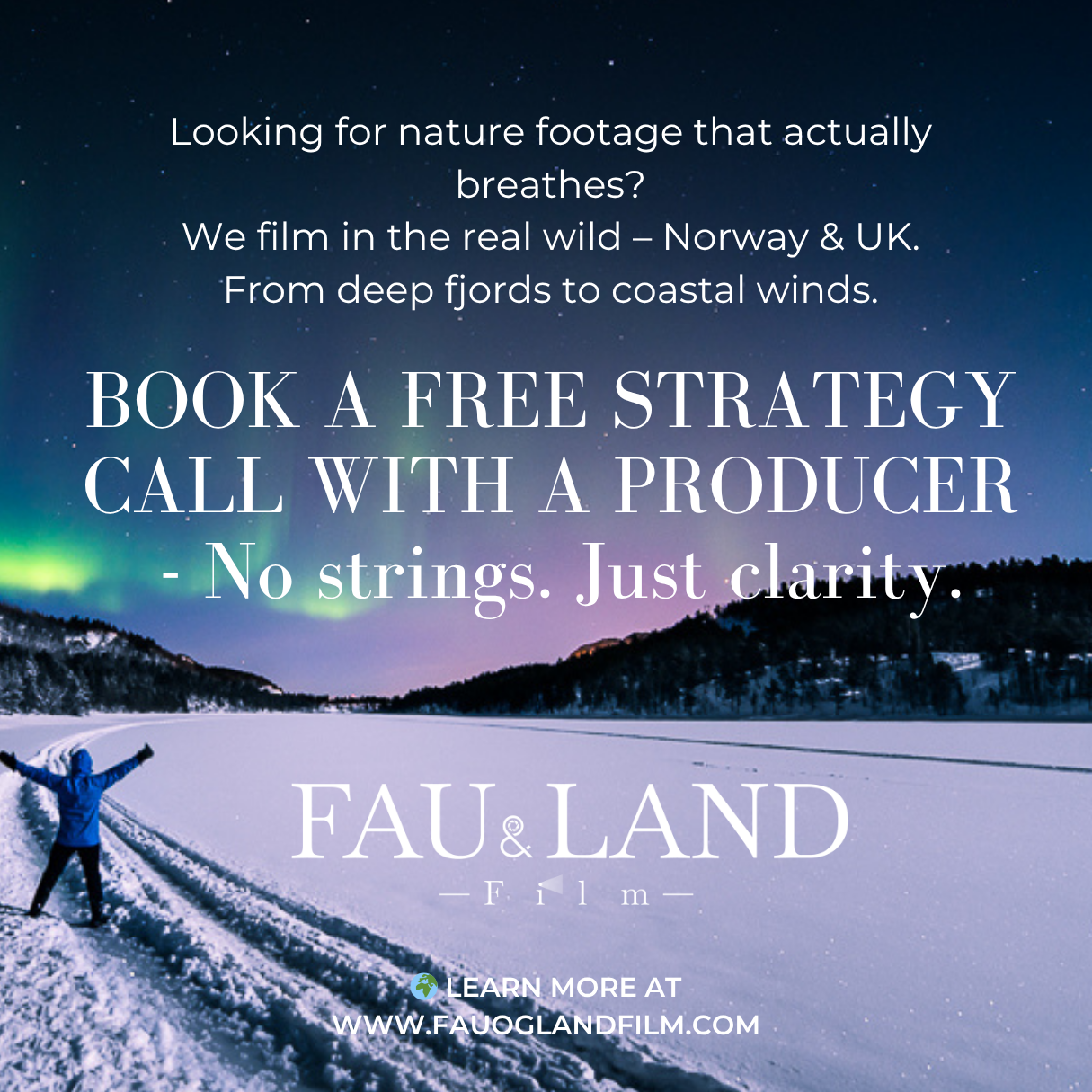 A snowy landscape under a starry night sky with northern lights and a person standing with arms raised, promoting a nature film about Norway and the UK. reklamefilm, digital markedsføring, commercial film, digital marketing