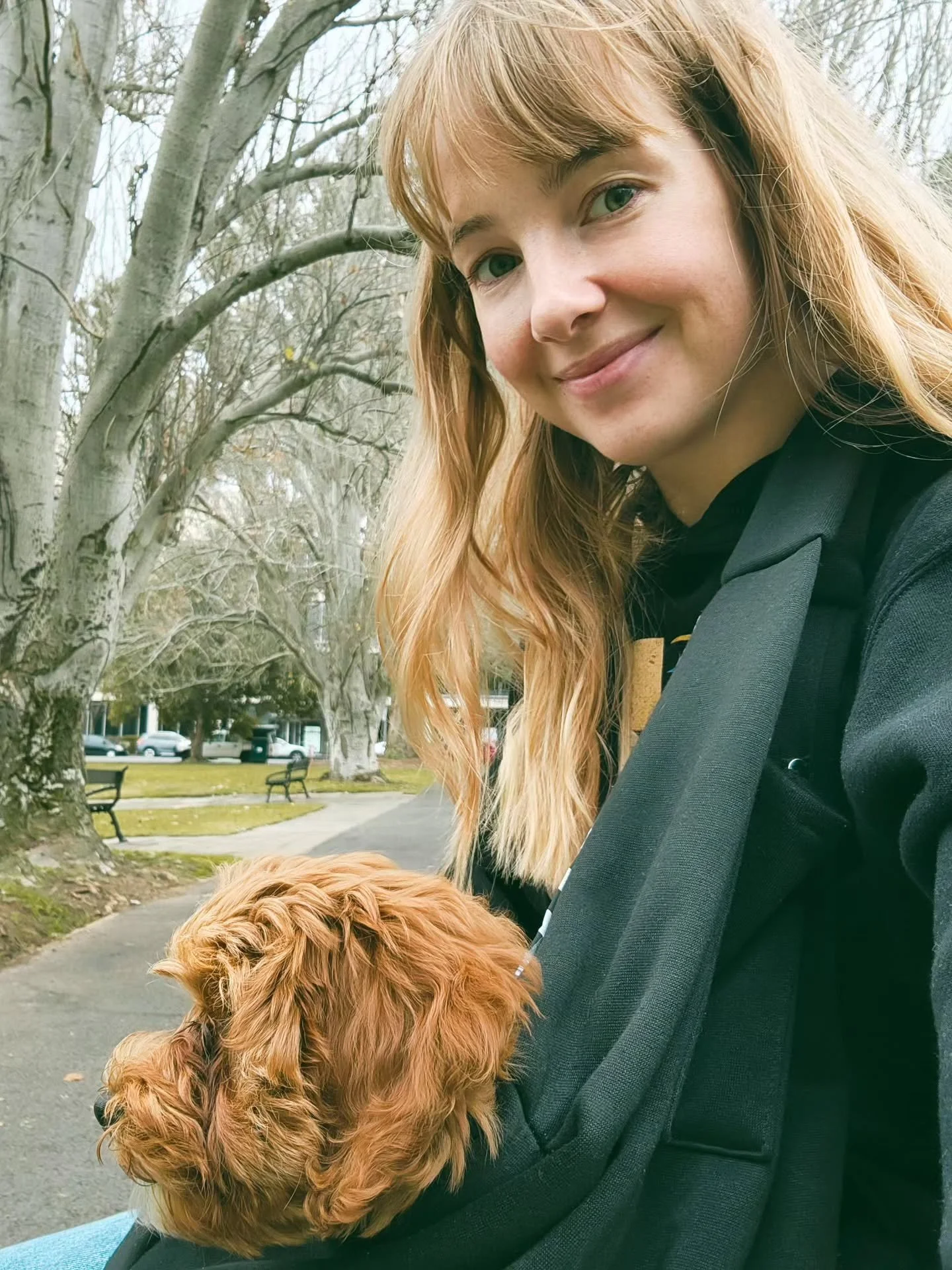 No thoughts; just a puppy in her sling watching the birds 🐶🍁🐦🍂