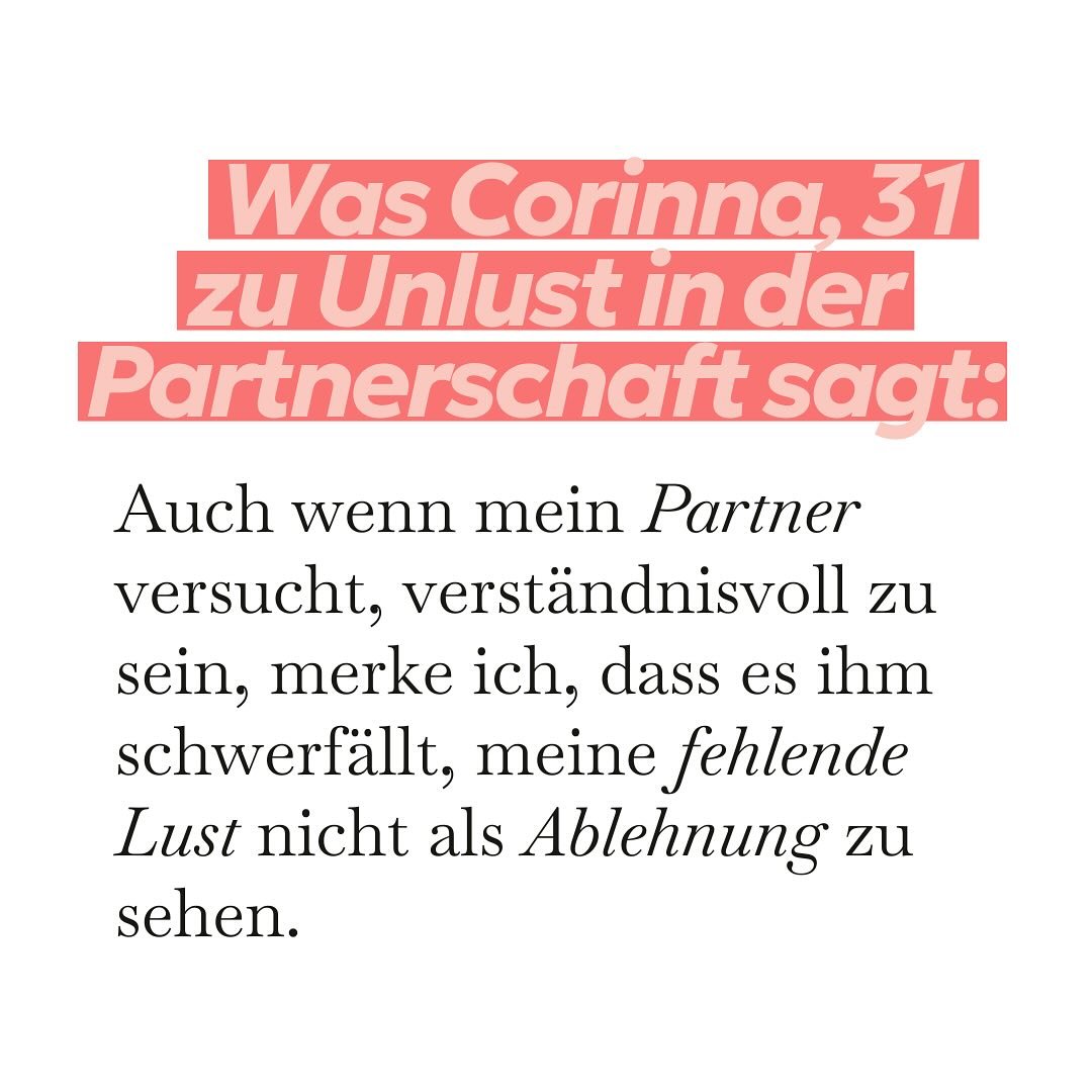 Zitat aus Corinna&rsquo;s Erfahrungsbericht &ldquo;Lust war fr&uuml;her f&uuml;r mich ein total sch&ouml;nes und intensives Gef&uuml;hl&rdquo; zum Thema Lust &amp; Unlust in der Partnerschaft.

📖 Lies diese und mehr echte Stories auf beingfemale.de
