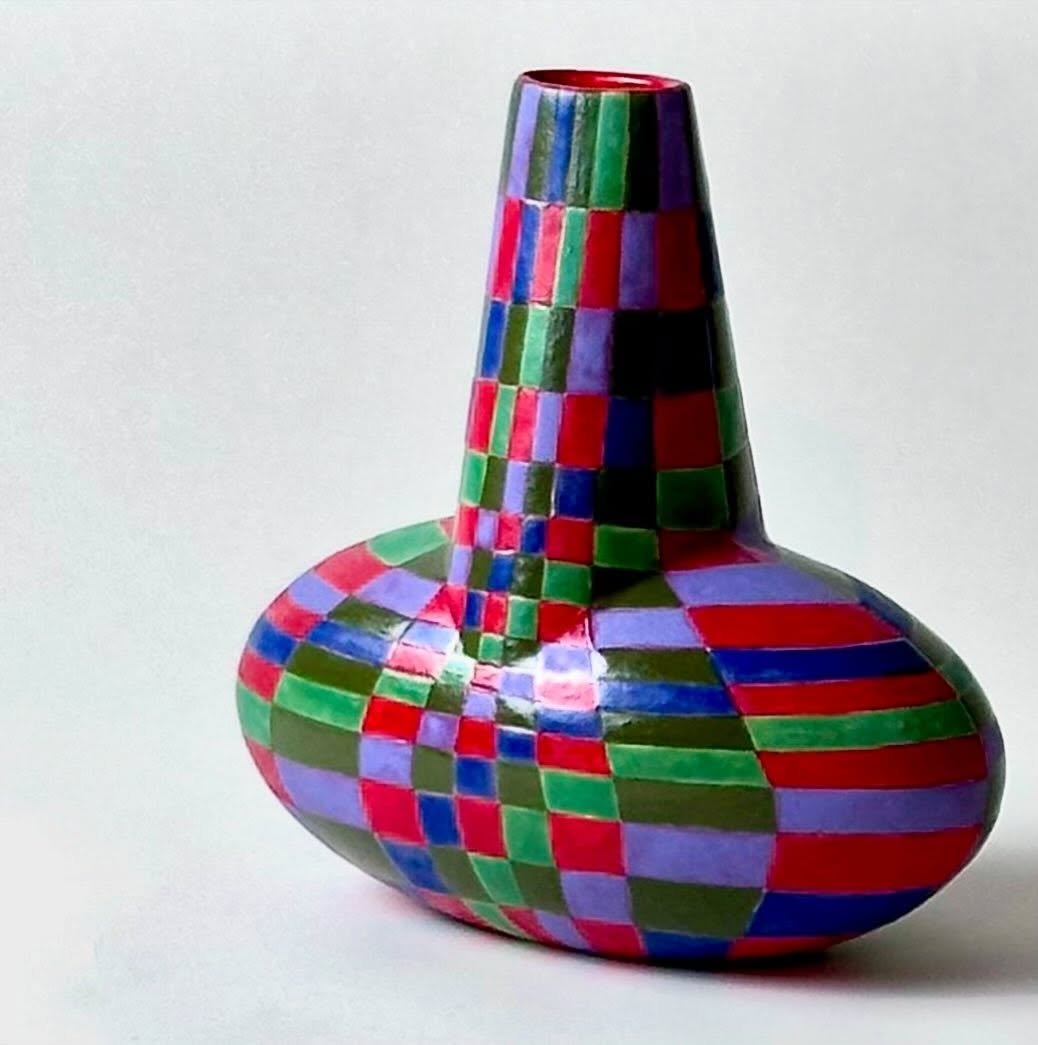 3/3 
Two little Droplets. - approx 145mm tall - with woven patterns. Same colours but different juxtapositions 

 #pottery #ceramics #ceramica #keramic #keramica #ceramicart #art #womeninceramics #collectingceramics #londonceramics #geometricart #car