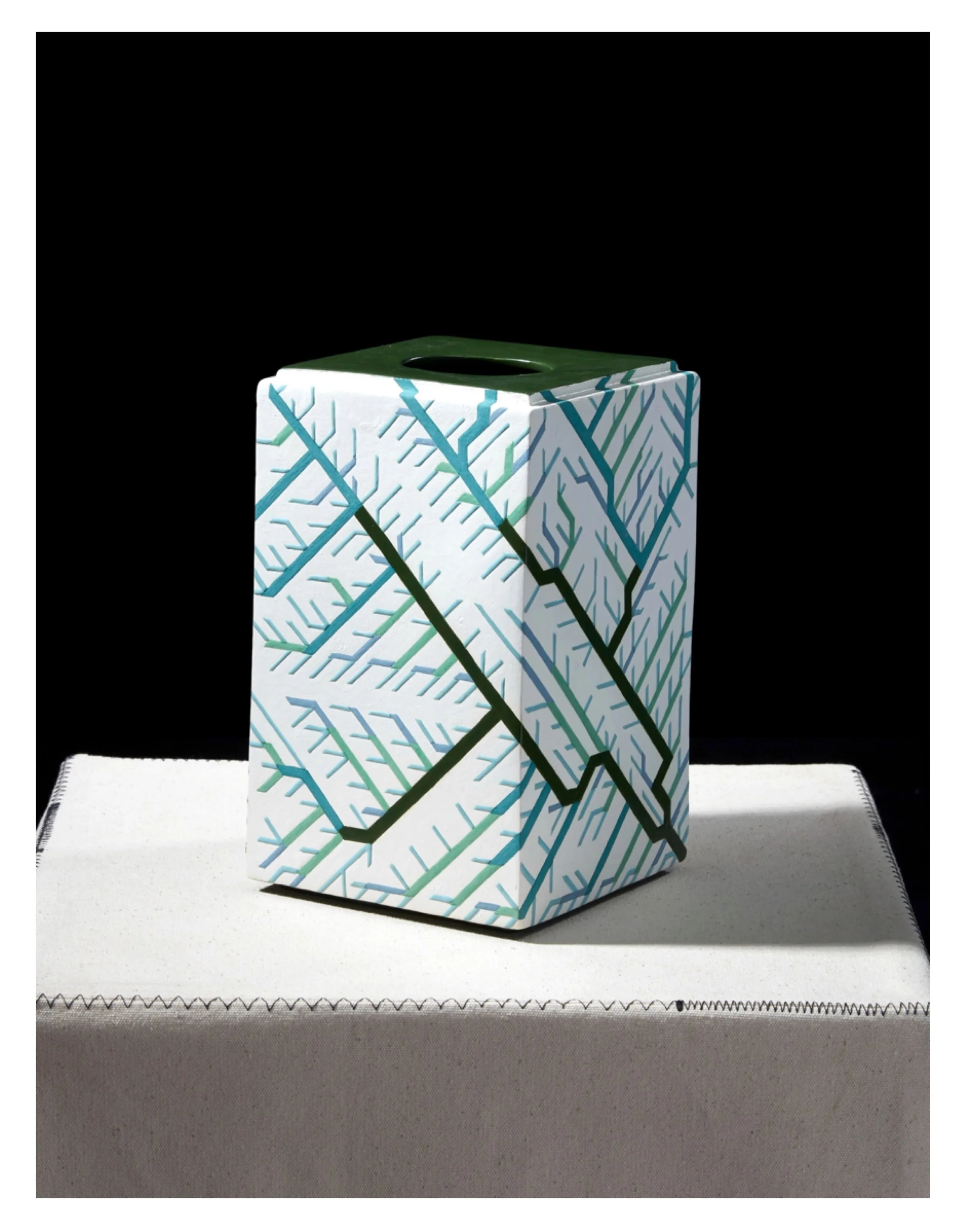 1/3
Here is a box called &lsquo;Optimal Networks&rsquo;. 
The pattern is inspired by research done by Andrea Rinaldo at the University of Padua into optimal channel networks. 
#carolinecoleceramics #ccceramics #optimalnetworks #networks