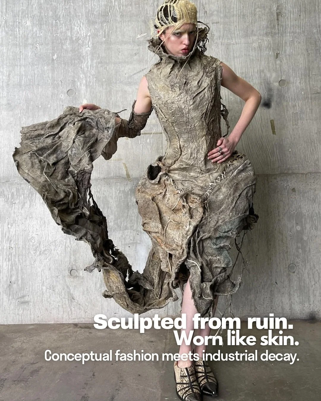 Humanoids of Decay - Look 1
by Enzo Keuning @enzokeuning 

This piece captures the eerie beauty of transformation, where flesh meets ruin, and decay is reimagined as something deeply alive.

Crafted from recycled burlap coffee sacks, hand-dyed and co