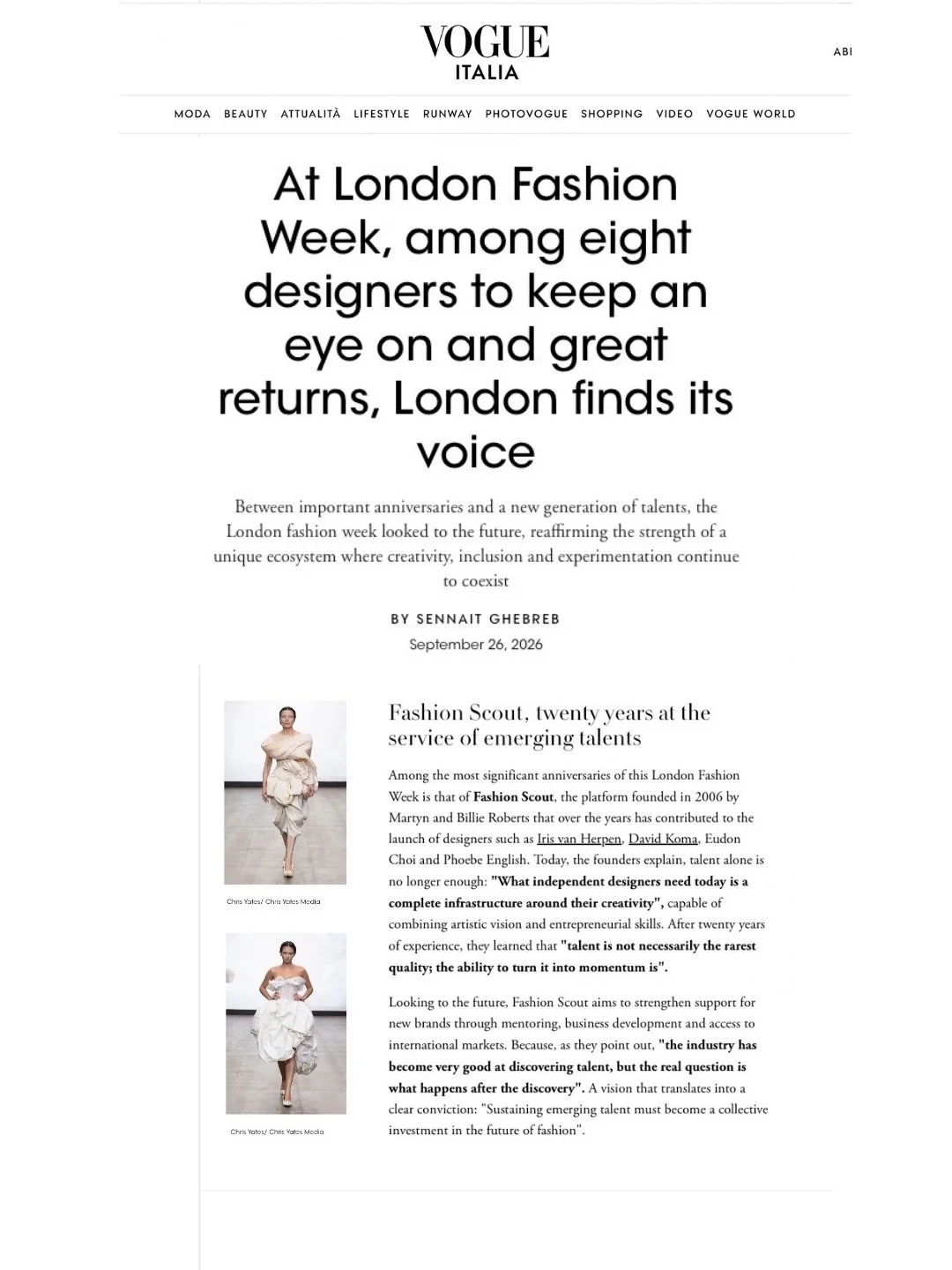 A wonderful moment for Fashion Scout in Vogue Italia.

We are incredibly grateful to Sennait Ghebreab for recognising Fashion Scout&rsquo;s 20-year commitment to discovering and supporting emerging talent, and for including JINSEO, who presented with