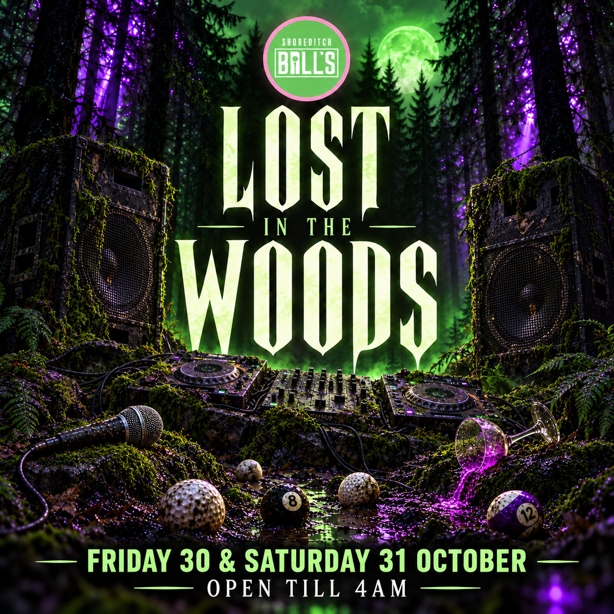 Lost in the Woods artwork: moss-covered DJ decks and speakers, golf and pool balls, a microphone and a spilled purple cocktail in a haunted forest