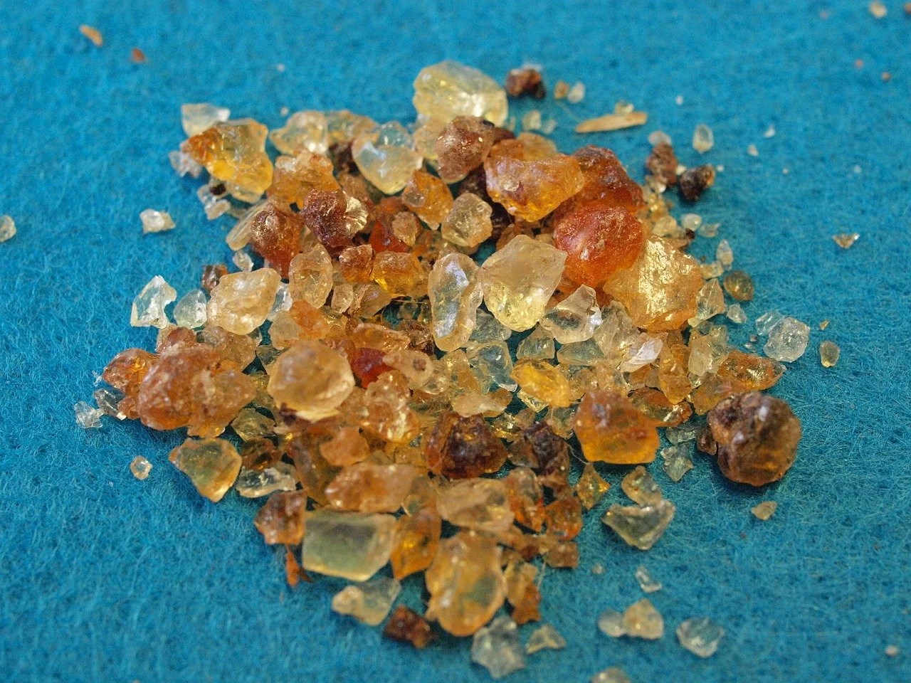 Gum arabic crystals prepared for natural watercolour pigments workshop at Zurich Art Club