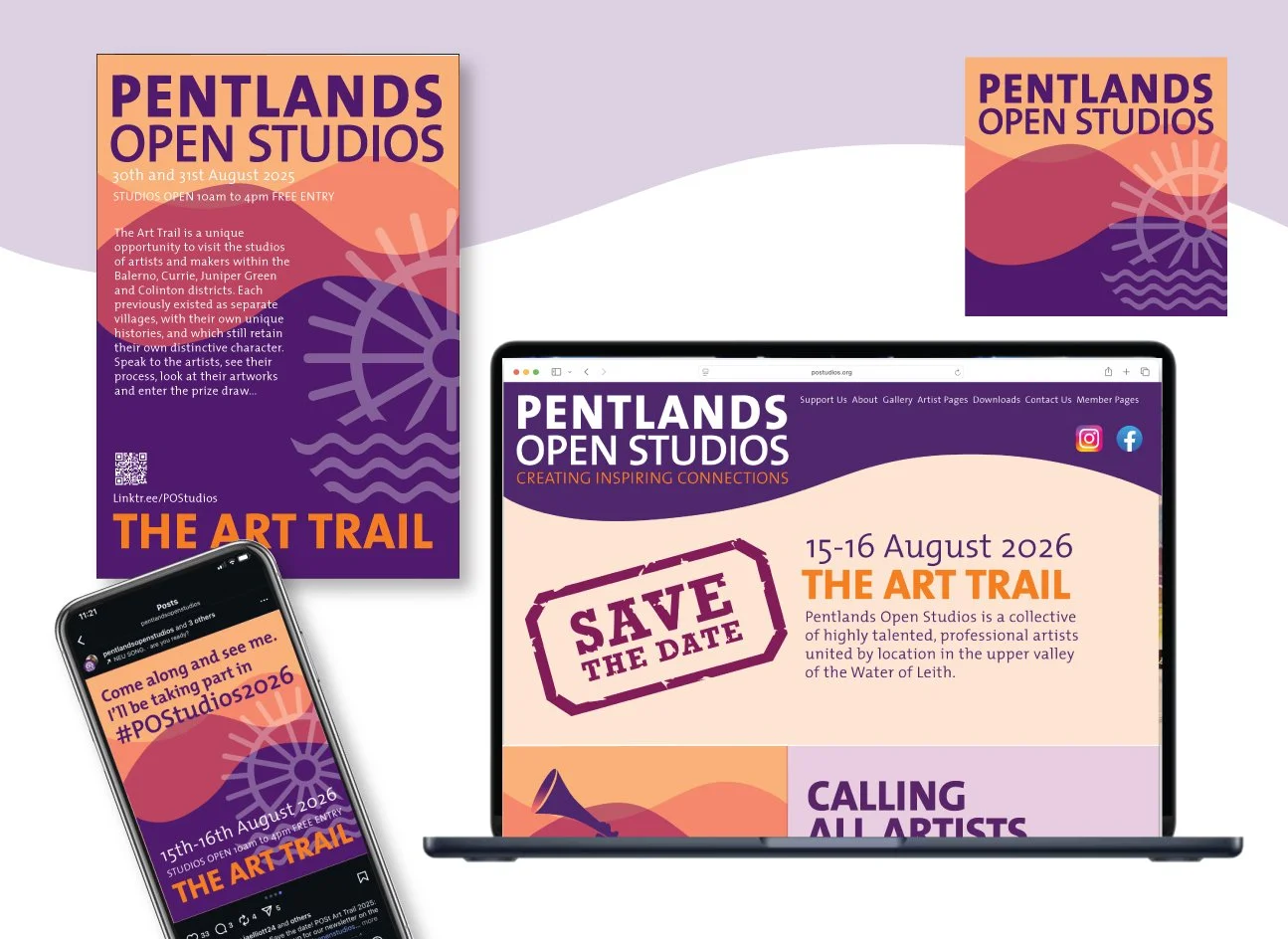 Branding design for Pentlands Open Studios, a diverse range of professional artists and makers whose studios are linked by the upper valley of the Water of Leith.