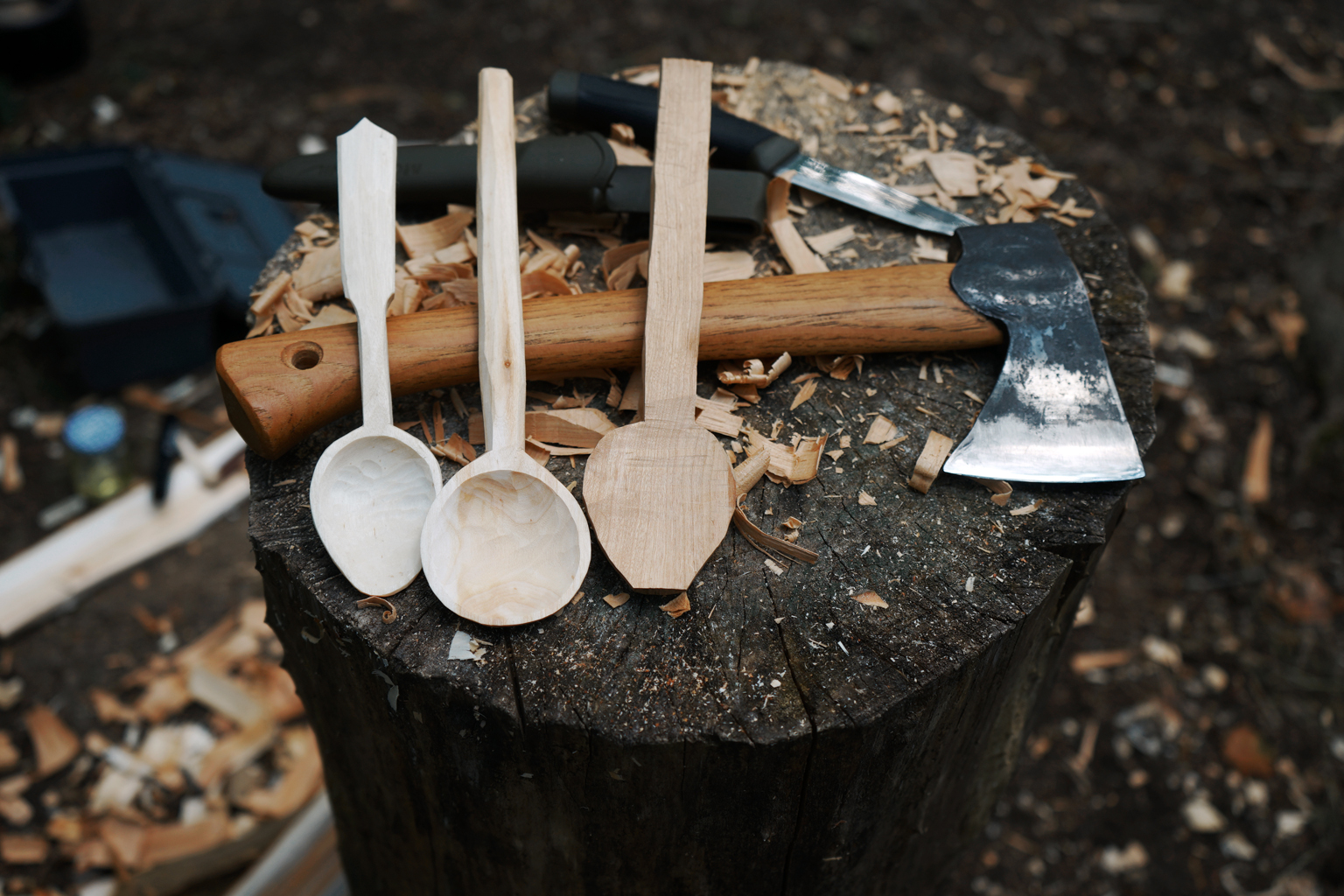  Tools and works in progress on our woodcarving workshop 