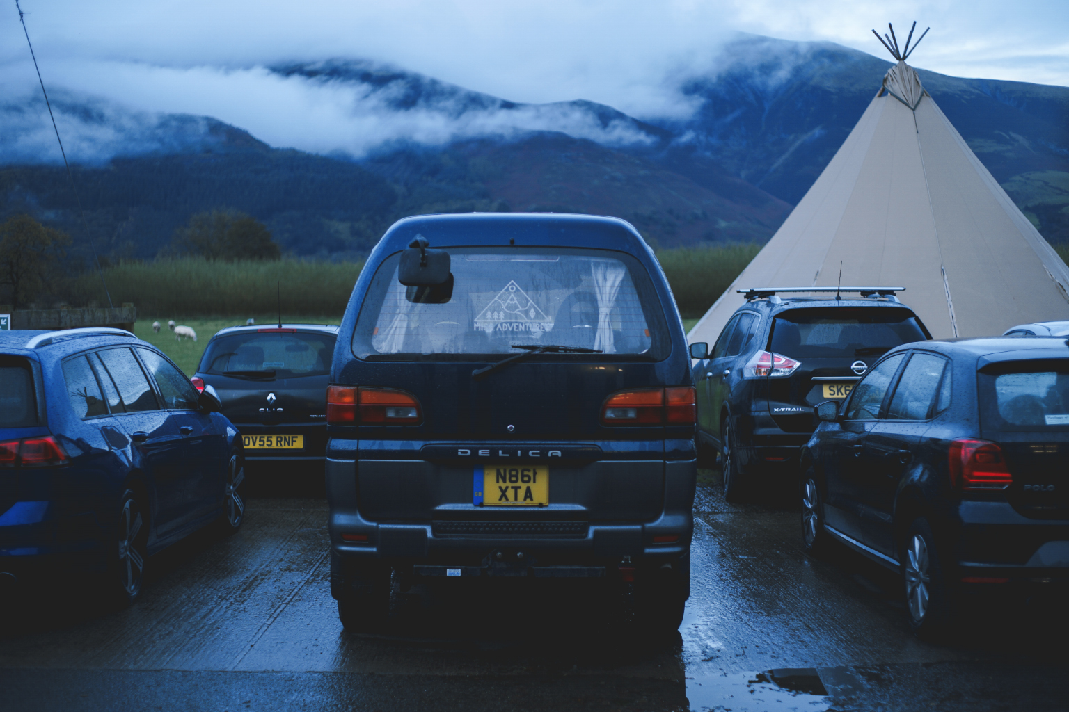  The Delica parked up at a wet and windy Millican HQ 
