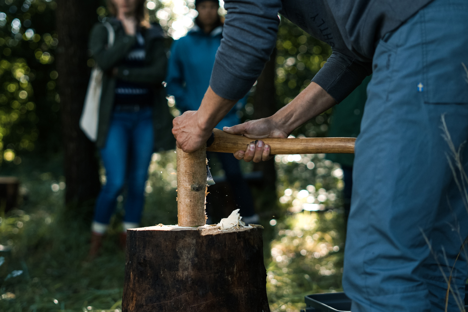  Demonstrating some axe techniques on our woodland workshop. 