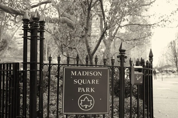 Entrance gate to Madison Square Park with a sign and trees in the background.