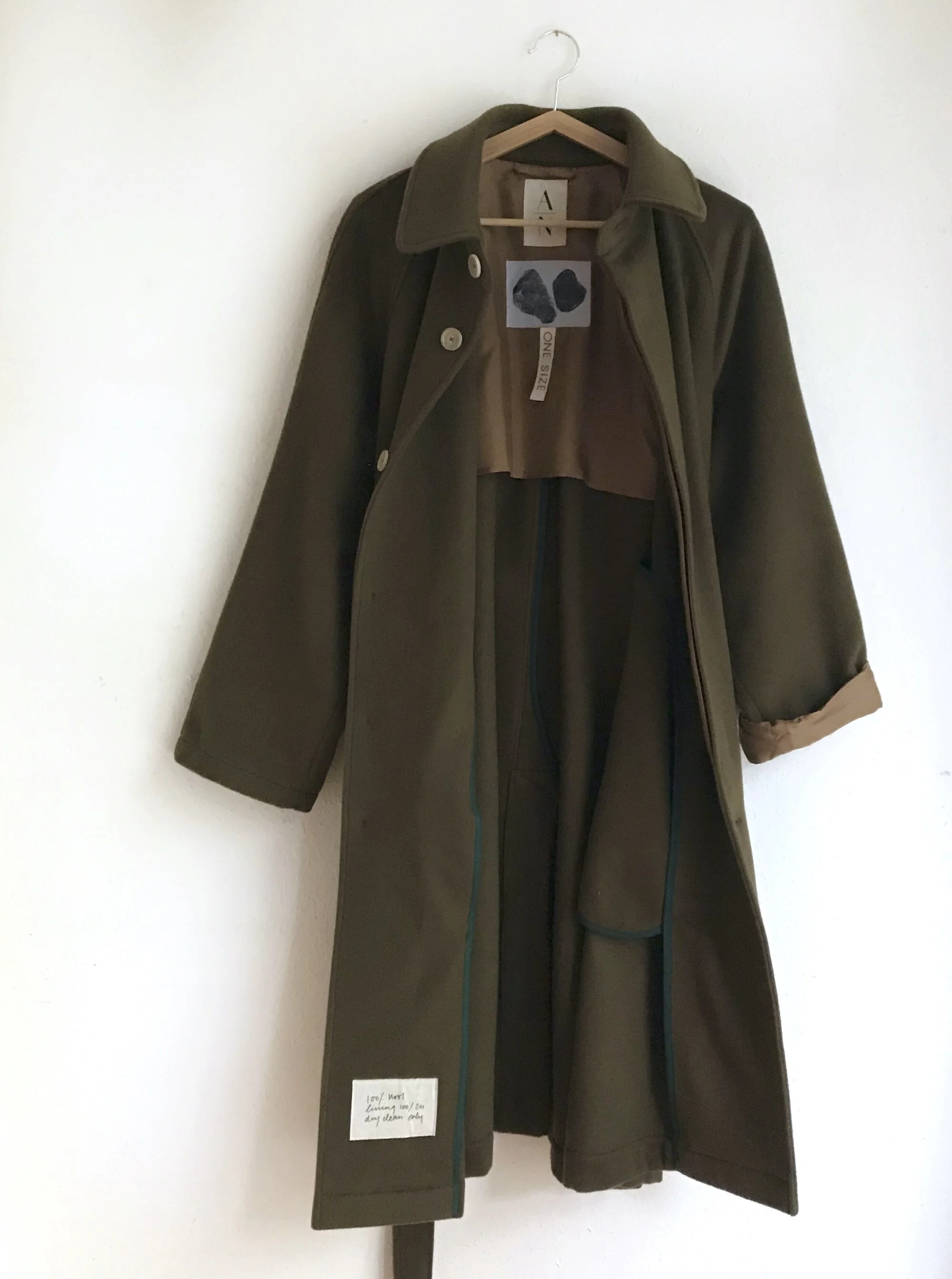 the classic trench coat in warm wool olive green — anna nia