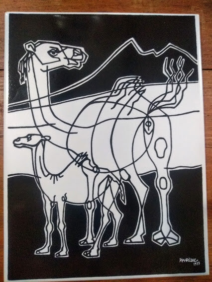 Cesar Manrique Signed Camels in the Night Vintage Black & White Ceramic Hanging Art Wall Tile Lanzarote