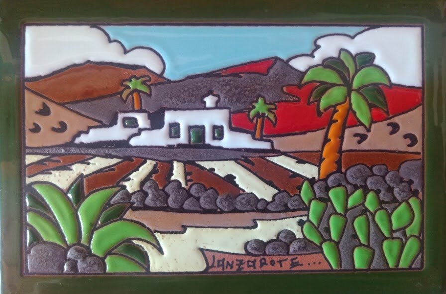 Vintage Hand painted Ceramic Hanging Art Wall Tile LANZAROTE Whitewashed Houses Volcanoes Palms Cactus