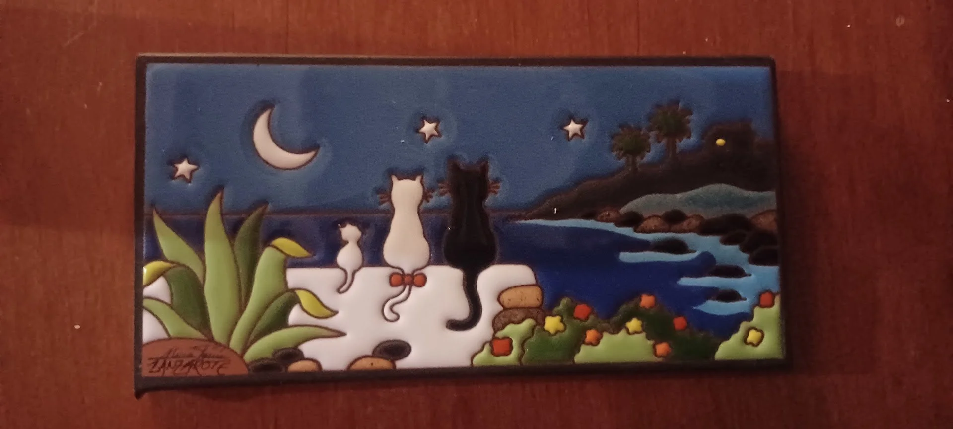 Hand Painted Alicia Penin Ceramic Wall Hanging Art Tile Cats & Kitten Night Sky Lanzarote Vintage