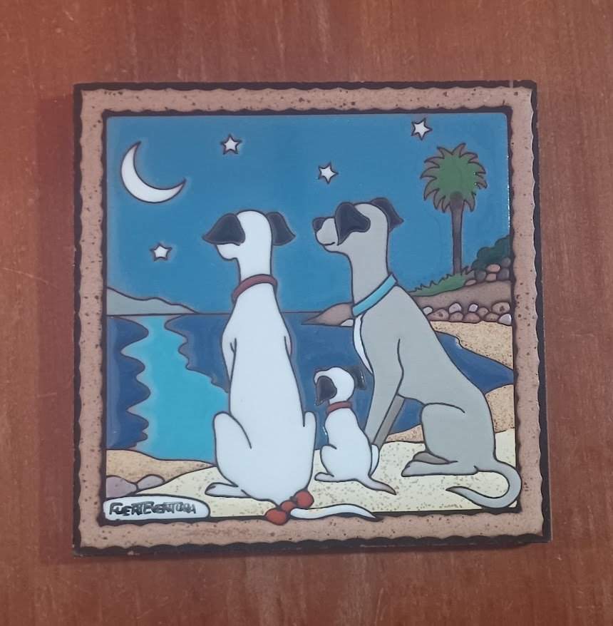 Beautiful Hand Painted Vintage ALICIA PENIN Artesan Wall Art tile Dogs & Puppy Moonlit Night Fuerteventura LANZAROTE