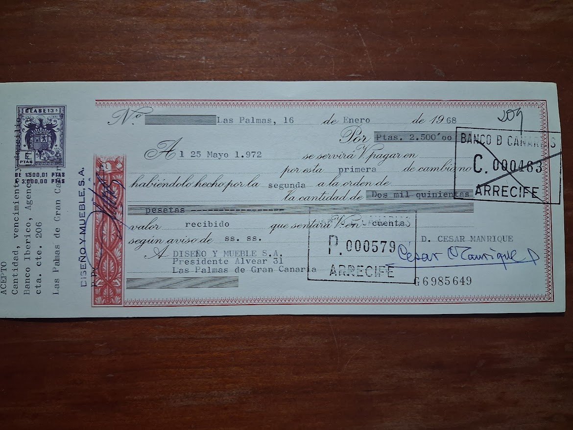 Hand signed cheque Cesar Manrique Cheque 1972 Autograph Original
