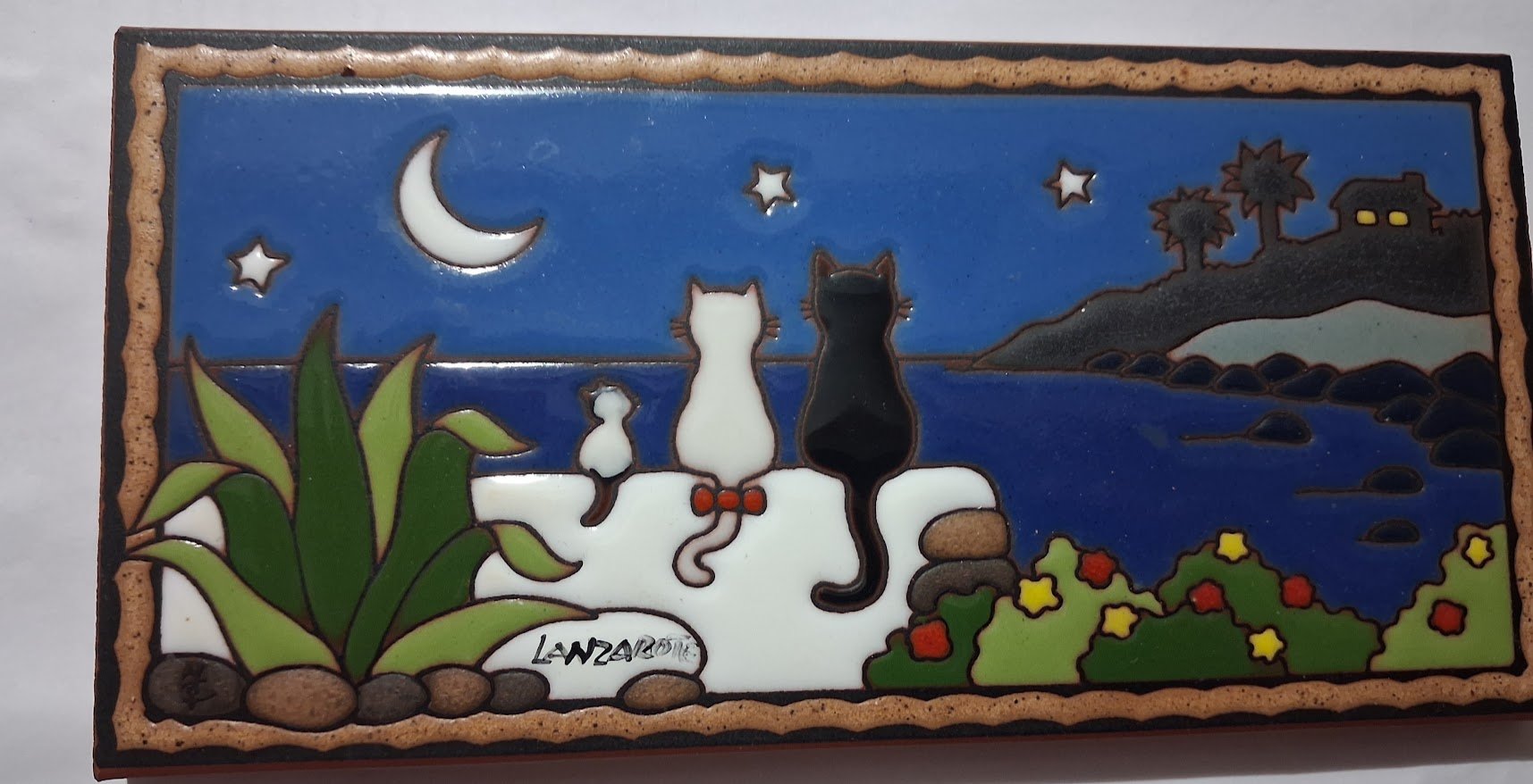 Hand Painted Alicia Penin Ceramic Wall Hanging Art Tile Cats & Kitten Night Sky Lanzarote Vintage
