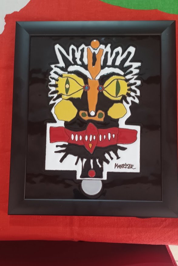 Stunning Signed Cesar Manrique Ceramic Wall Art Tile Framed Carnival Mask III Lanzarote