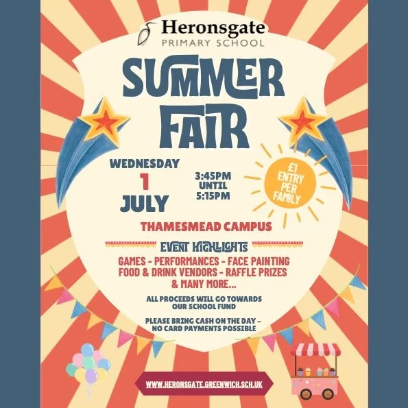 Join us for our Summer Fair! Wednesday 1st July 2026, 3:45pm&ndash;5:15pm. &pound;1 entry per family.