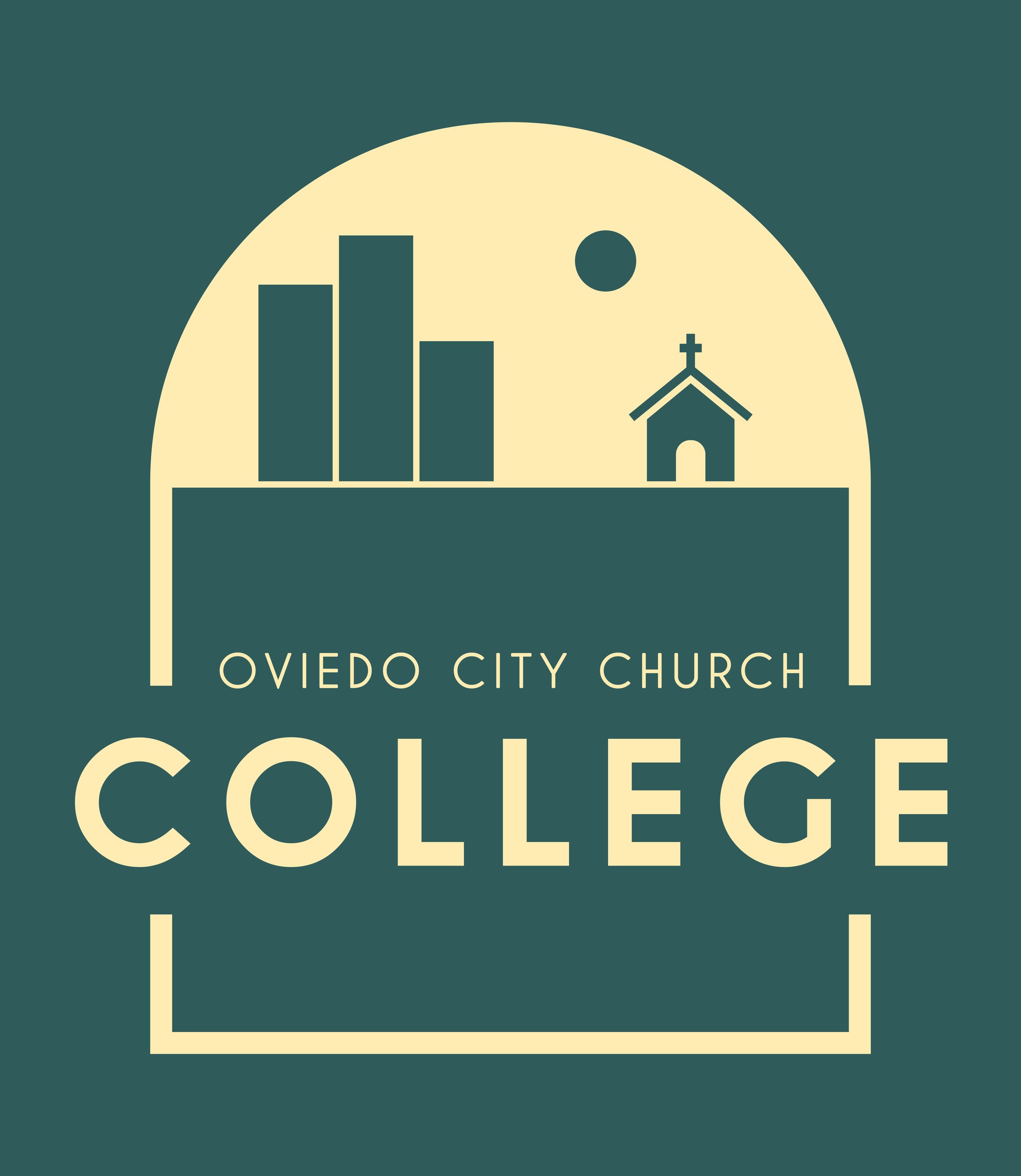 Graphic design with a church, a skyline, the sun, and text reading "Oviedo City Church" and "College".