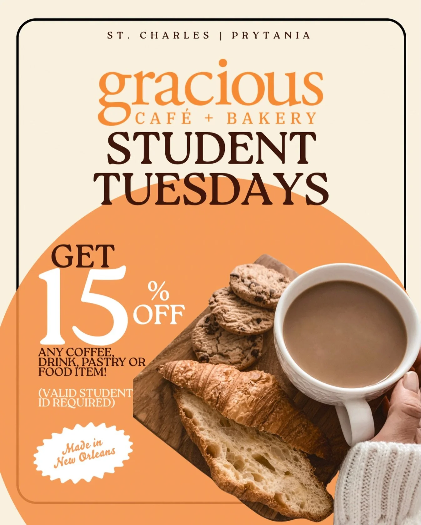 ATTN STUDENTS! 🧡📚 Your Tuesdays just got much sweeter. Enjoy 15% off coffee, pastries, and food items all day long! ⭐️

Have a study break? Make it delicious. Get you some fuel for finals! Your brain deserves a treat! 🧡

Available at both location