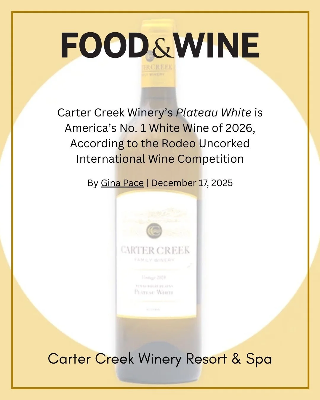 Cheers to a big win for Texas wine 🥂🍷⁠
⁠
So proud to see our client @Carter_Creek featured in @FoodandWine, with its Plateau White named the #1 White Wine of 2026 by the Rodeo Uncorked! International Wine Competition.⁠
⁠
A huge congratulations to w
