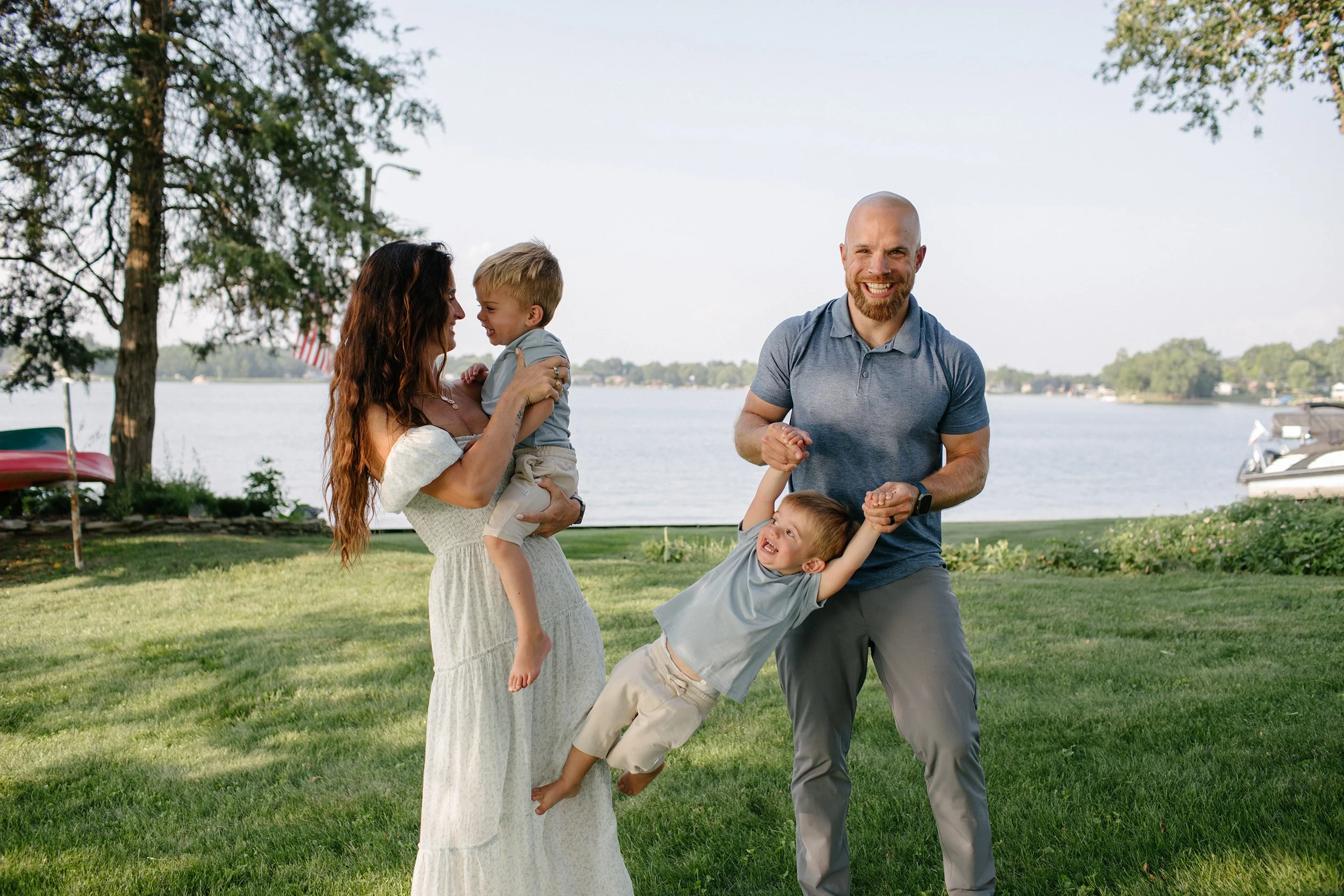 family photo at the lake