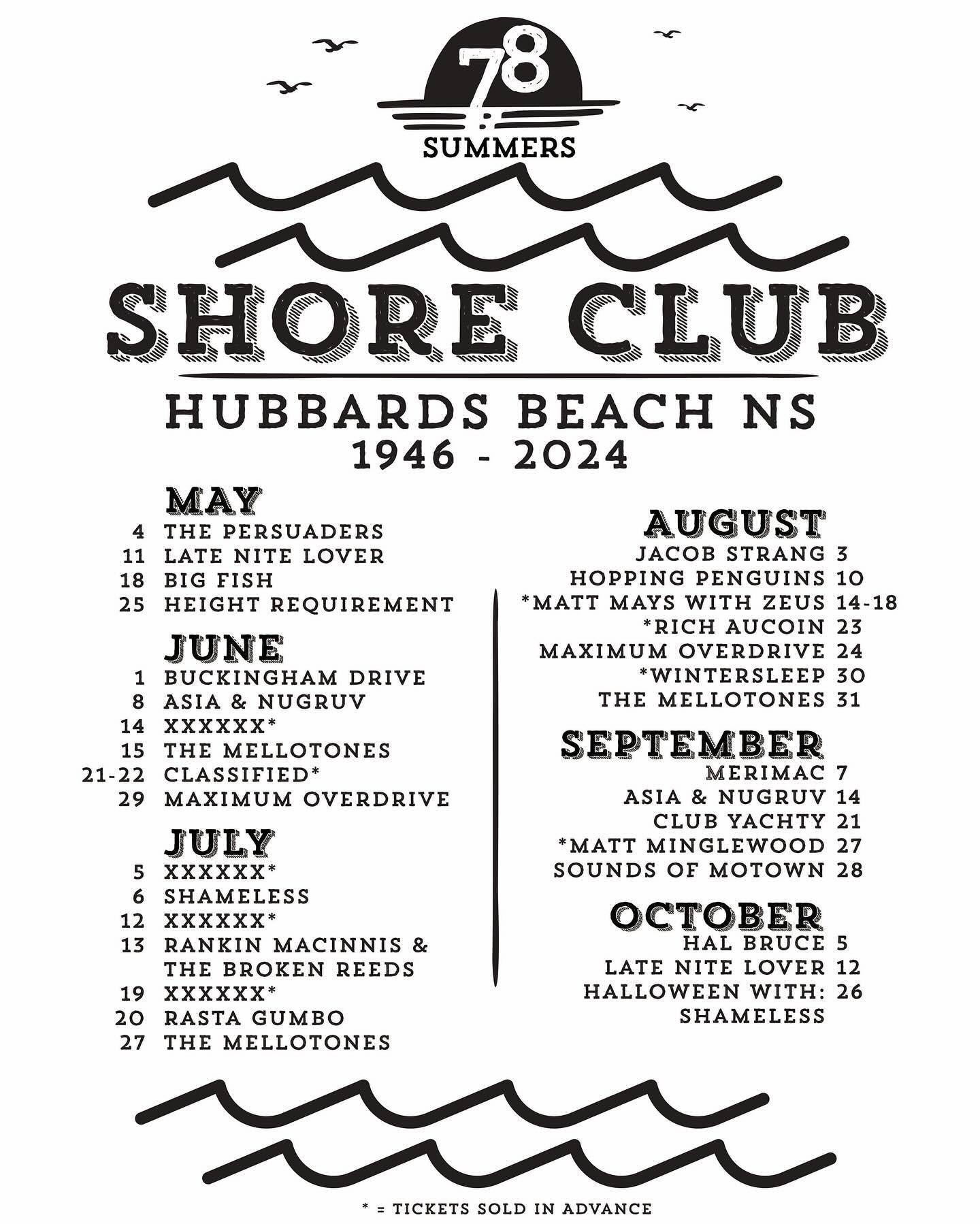 Summer of 2024 is here! Check out our 78th season line up. Share with friends. 
.
Come enjoy a lobster, experience the new deck and check out some of your favorite bands. 
.
XXXXXX* = concerts that are not yet announced
.
See you at the beach!
.
#sho