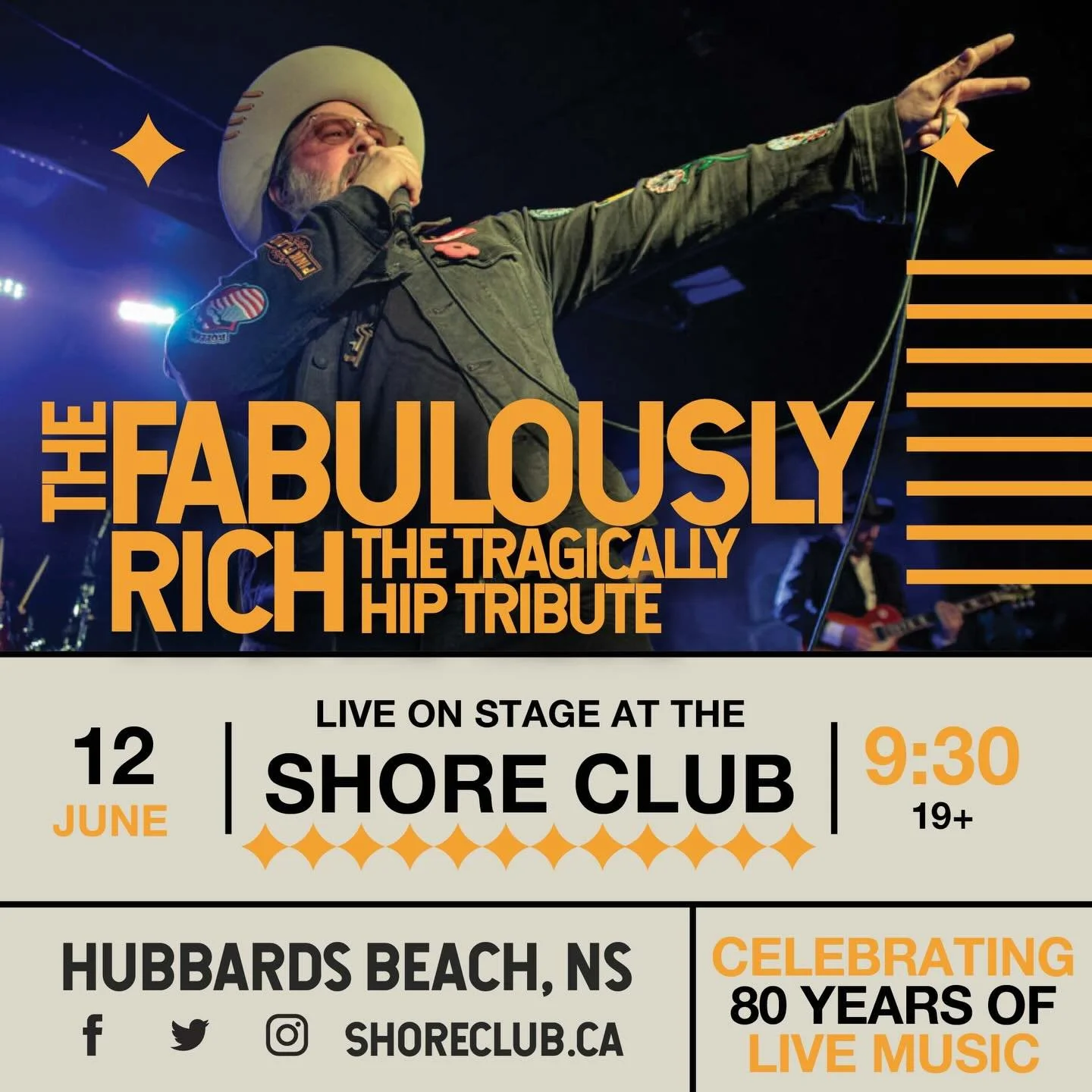 No dress rehearsal, this is our night! The Fabulously Rich are back for a night of nonstop Hip. We are turning 80 but we feel ahead by a century! 🦞🦞 
.
June 12, 2026 - 9:30, 19+
.
🎫 Tickets on sale April 8, 10am AST
www.shoreclub.com