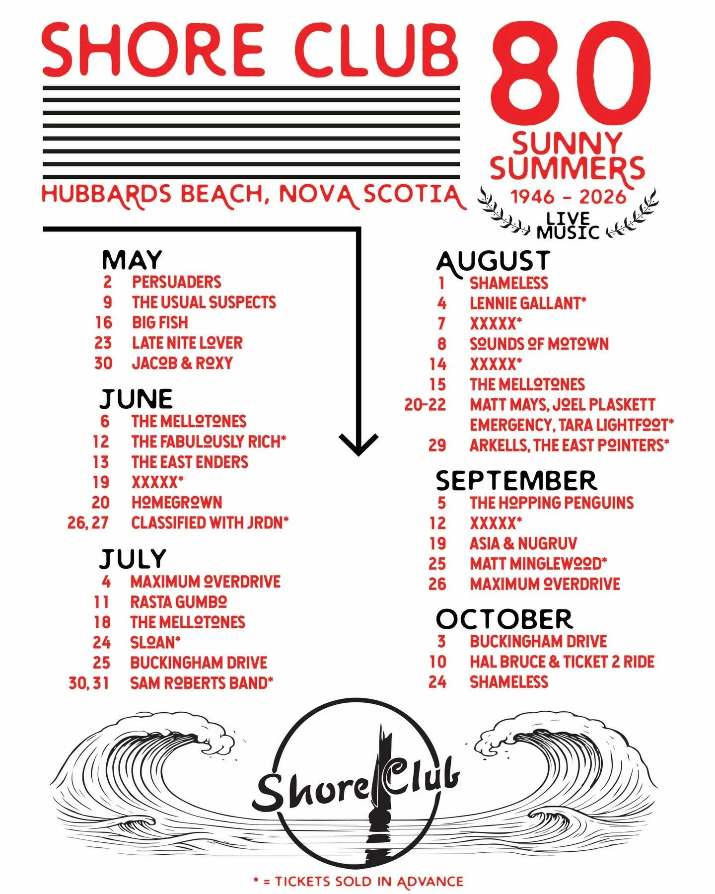 The Shore Club is turning 80, the Lobster Supper are turning 90 come celebrate this Summer with us! We are quite proud of this milestone and that we&rsquo;ve been family run since our inception. So we&rsquo;ve put together our best lineup ever!! - an