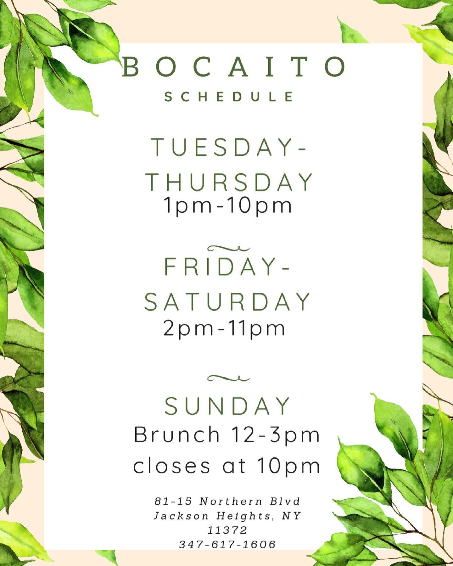 ⚜️Bocaito Schedule ⚜️
81-15 Northern Blvd 
Jackson Heights, NY 11372
☎️347-617-1606☎️
.
.
.
#bocaitony #jacksonheightsnyc #queensnyc #latinfusion #latinfusioncuisine #schedule #indoordiningnyc #outdoordiningnyc #northernblvd #northernblvdqueens #nort