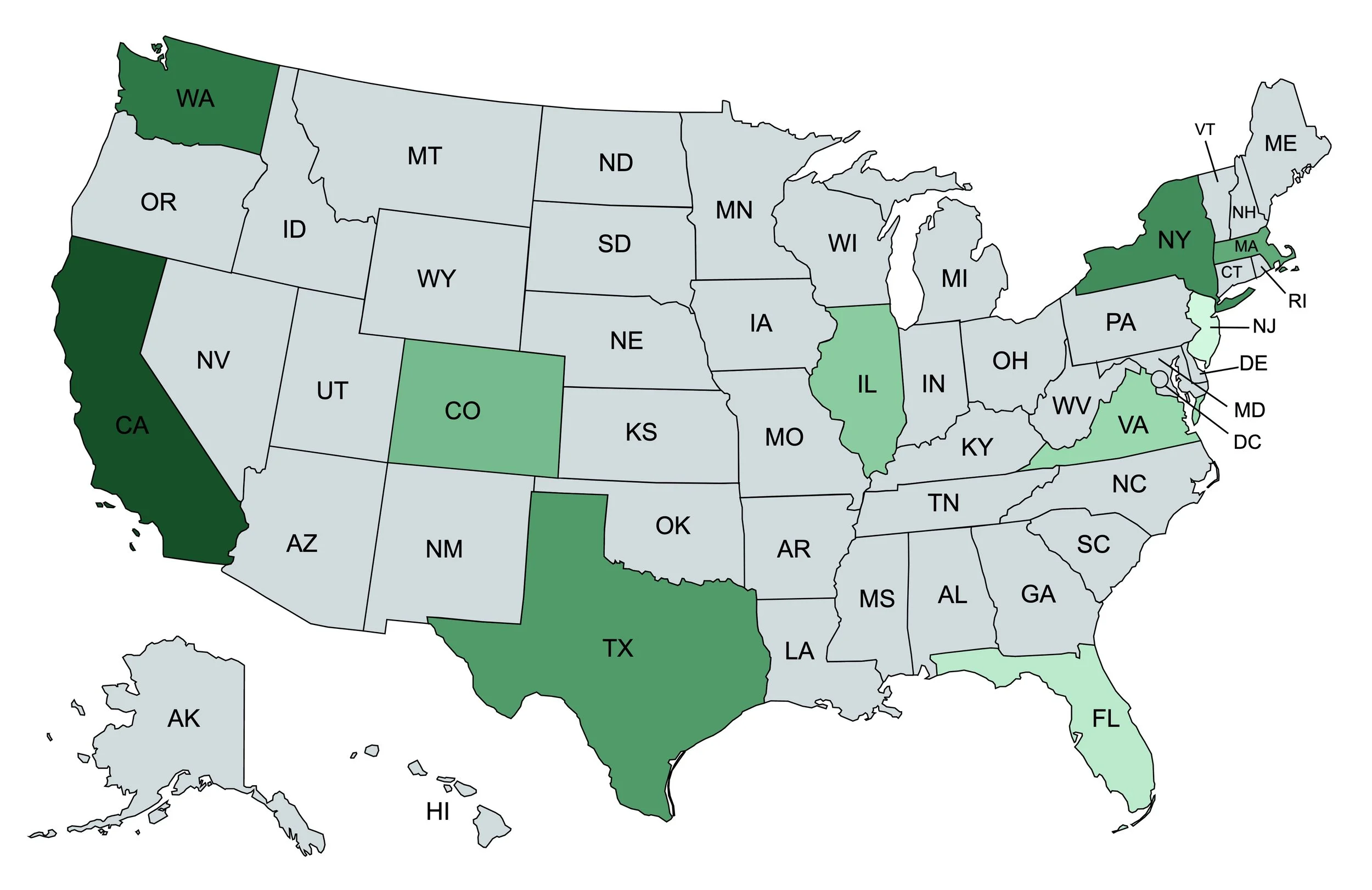 Map of the United States with some states highlighted in dark green, light green, and medium green, including Washington, California, Texas, Illinois, Florida, New York, and others.