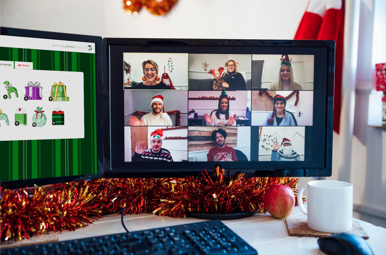 Remote team celebrating a virtual Christmas party over video call