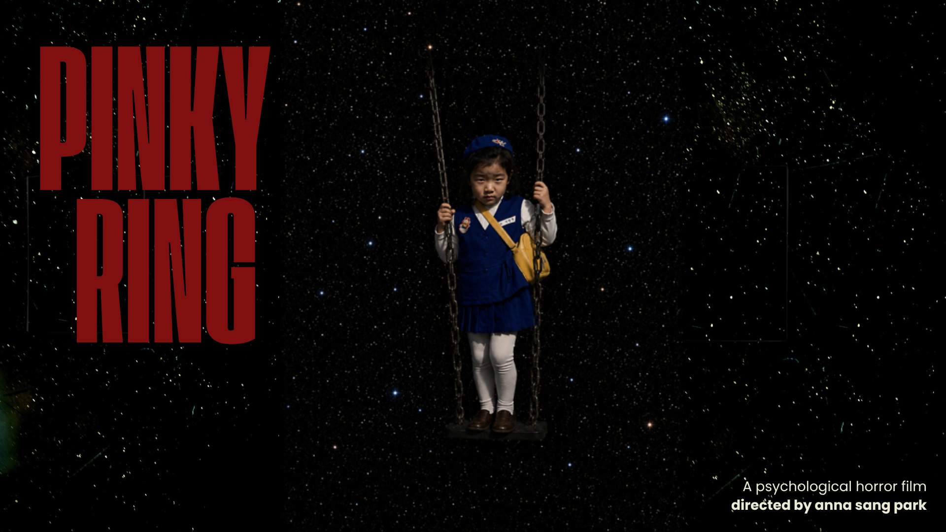 Title of film, Pinky Ring. A little girl wearing a blue jumper and hat with a yellow bag across her shoulder stands on a swing