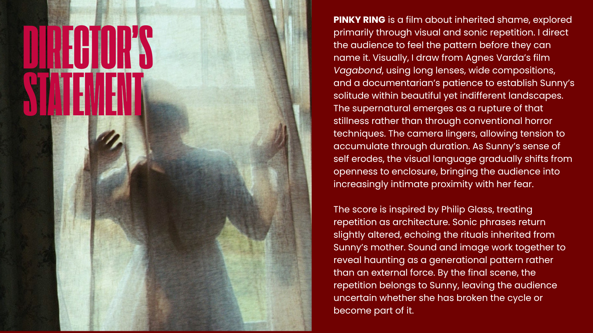 Director's Statement.  A woman stands in a window obscured by white curtains.