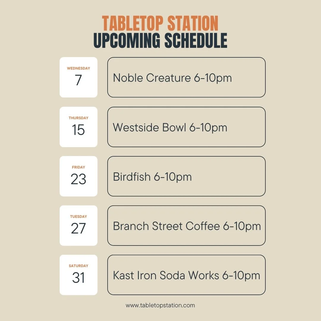 Upcoming Tabletop Station Events at Top-Notch Venues 🔥🔥
@noblecreaturebeer 
@westsidebowl 
@birdfishbrew 
@branchstreetcoffee 
@kastironsoda