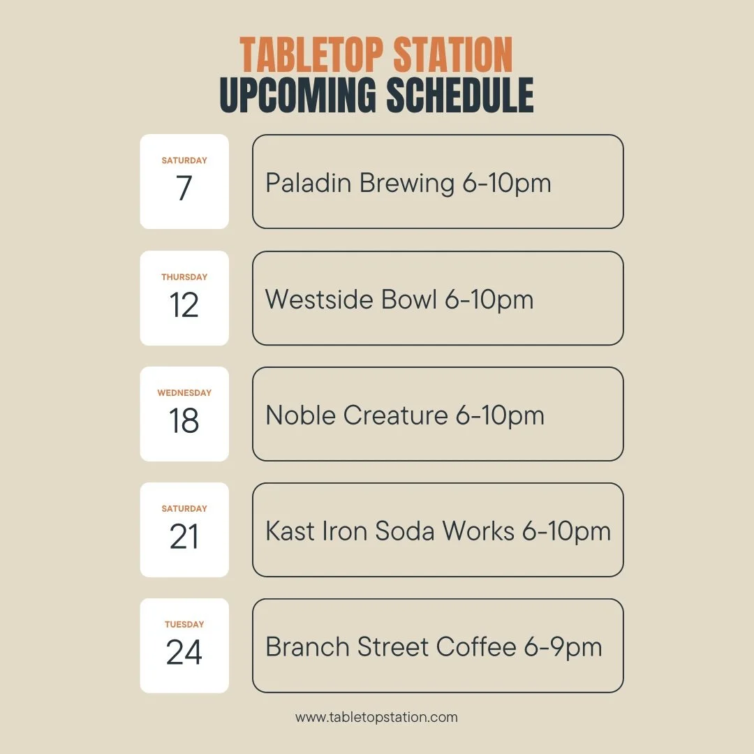Upcoming Tabletop Station Events 🤍
Show Up. Play Games. Connect.

@paladinbrew 
@westsidebowl 
@noblecreaturebeer 
@kastironsoda 
@branchstreetcoffee