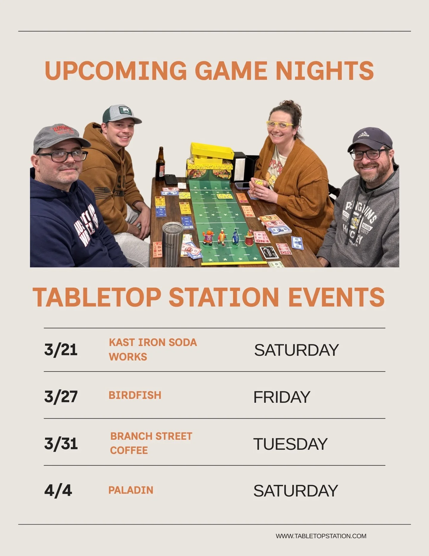 Upcoming Tabletop Station Events 🧡

@kastironsoda - Salem, OH
@birdfishbrew - Columbiana, OH
@branchstreetcoffee - Boardman, OH
@paladinbrew - Austintown, OH

#salemohio #boardmanohio #austintownohio #columbianaohio