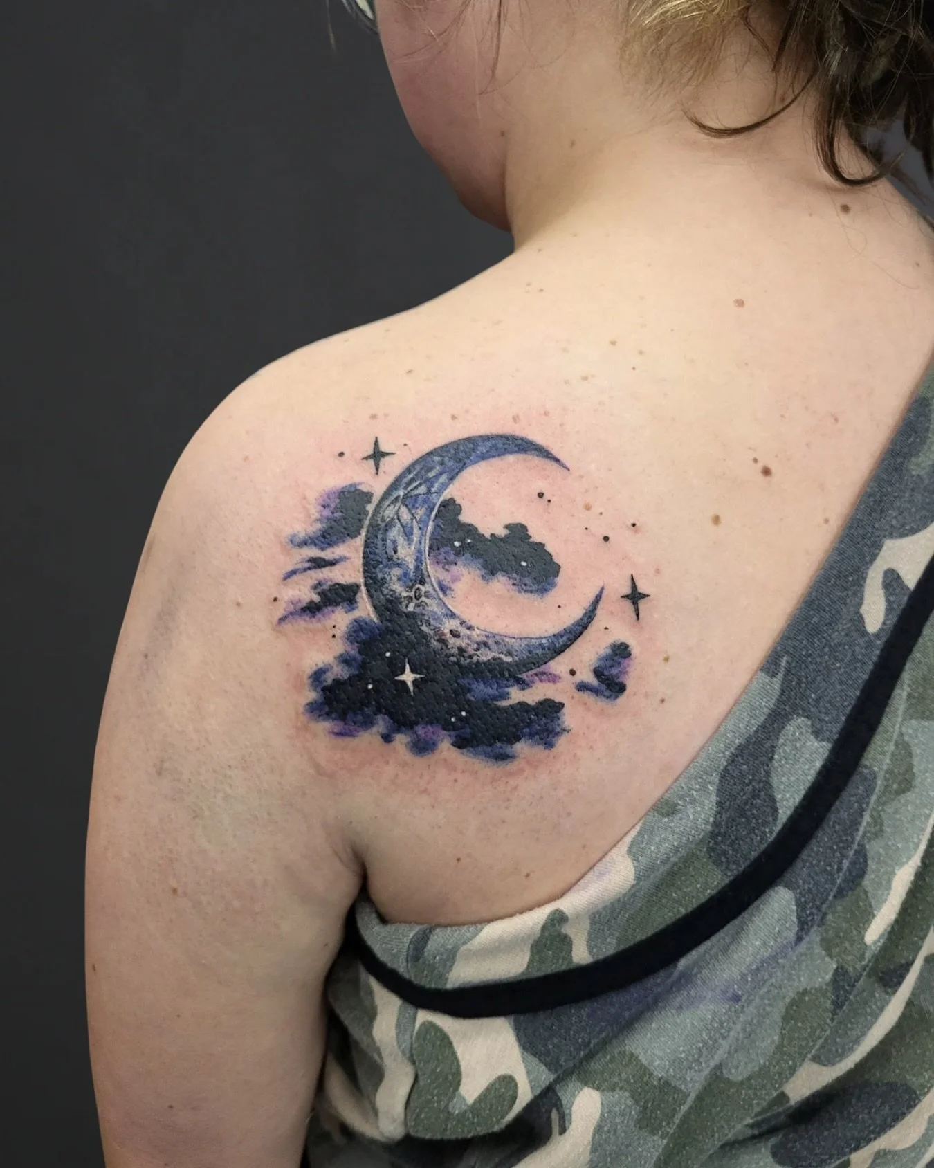 Dreamy crescent moon + night clouds recently done by @_kc_tattoos &mdash; soft purples make this one pop☪️

Book with Casey by texting +1 (480) 648-9872 or online at www.redarttattoopiercing.studio

#tattoo #tattooartist #colortattoo #arizonatattoo #