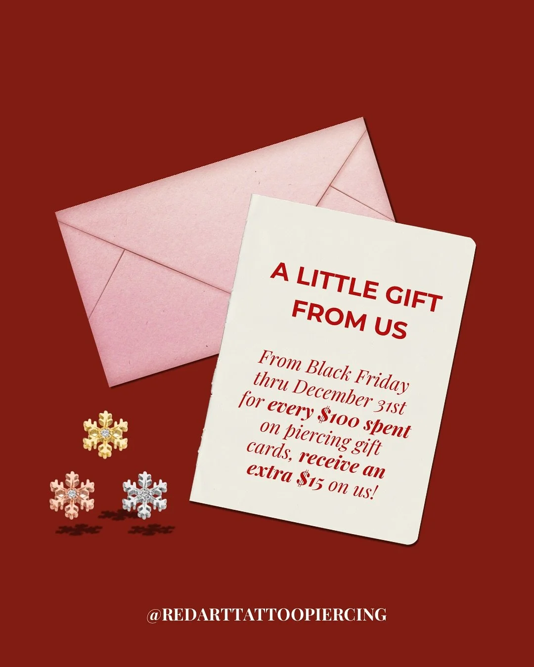 ✨HOLIDAY GIFT CARD PROMO ✨ From Black Friday through December 31st &mdash; for every $100 you spend on piercing gift cards, you&rsquo;ll receive an extra $15 added on!

Perfect for gifting 😊
Available in-studio or e-gifted thru texting 602-688-2534
