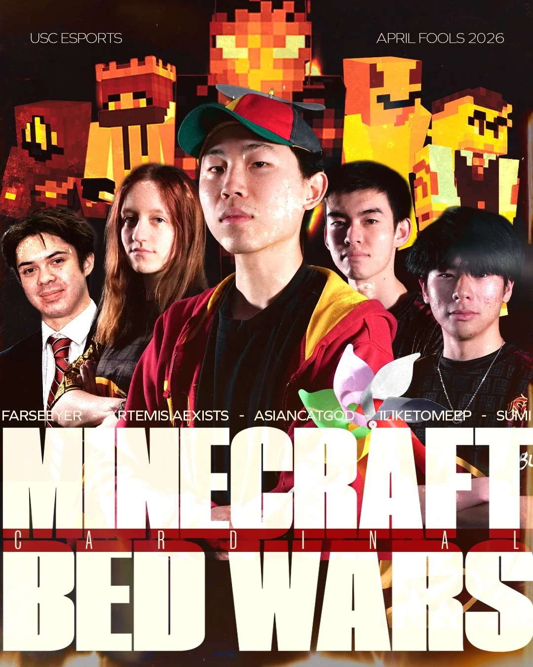 🍗 USC&rsquo;S VERY FIRST: BEDWARS TEAM 🔥🔥

Welcome the tuffest and most real Minecraft bedwars roster for Varsity and JV! ft. many april fools 🤡 

#uscesports #collegiateesports #minecraft #bedwars #aprilfools