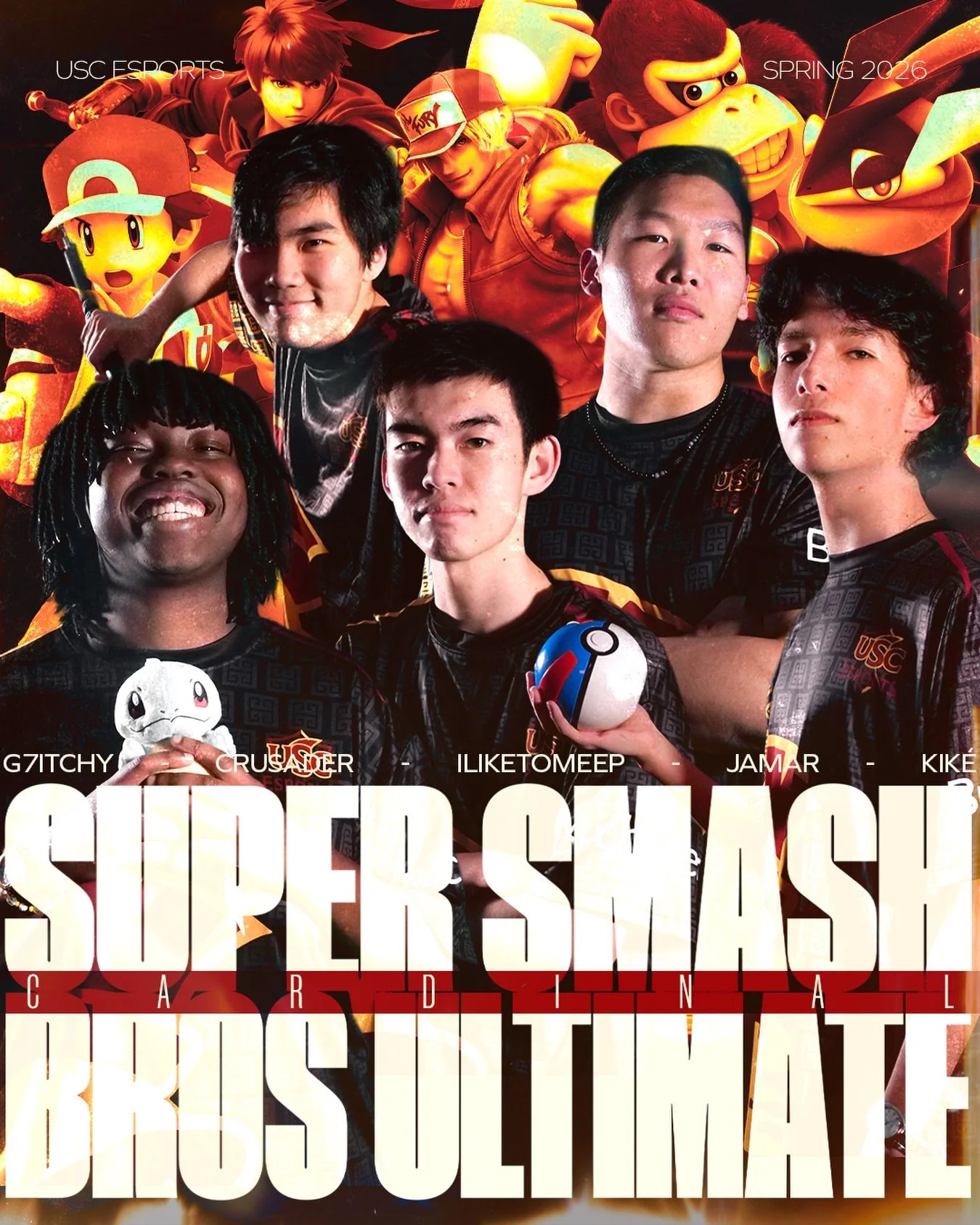 ‼️ NEW CHALLENGERS APPROACHING 

Welcome our Spring &lsquo;26 SSBU roster! ft. G7itchy, CRUSADER, iliketomeep, Jamar, Kik&eacute; 👊💥

#uscesports #collegiateesports #ssbu
